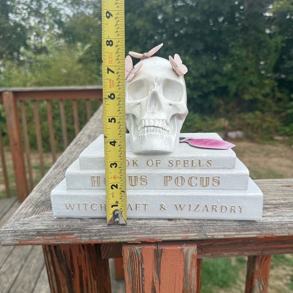 NEW Halloween Book Skull Stack Hocus Pocus Decor Butterflies White Pastel Pink - Picture 3 of 5